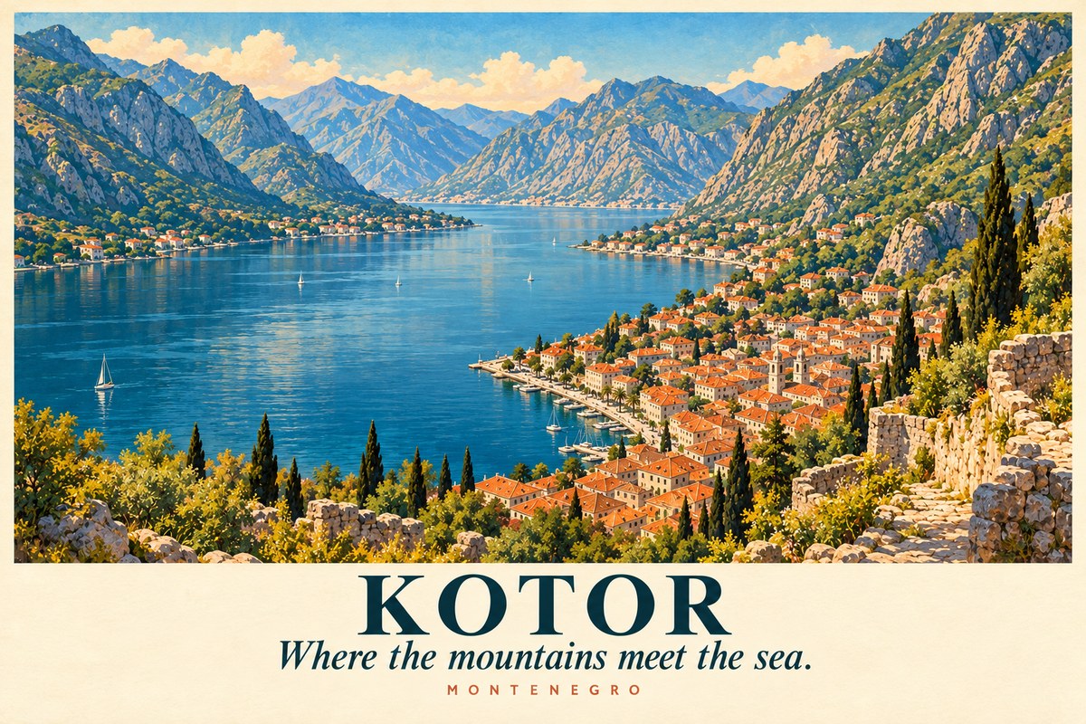 Kotor postcard with the message Where the mountains meet the sea