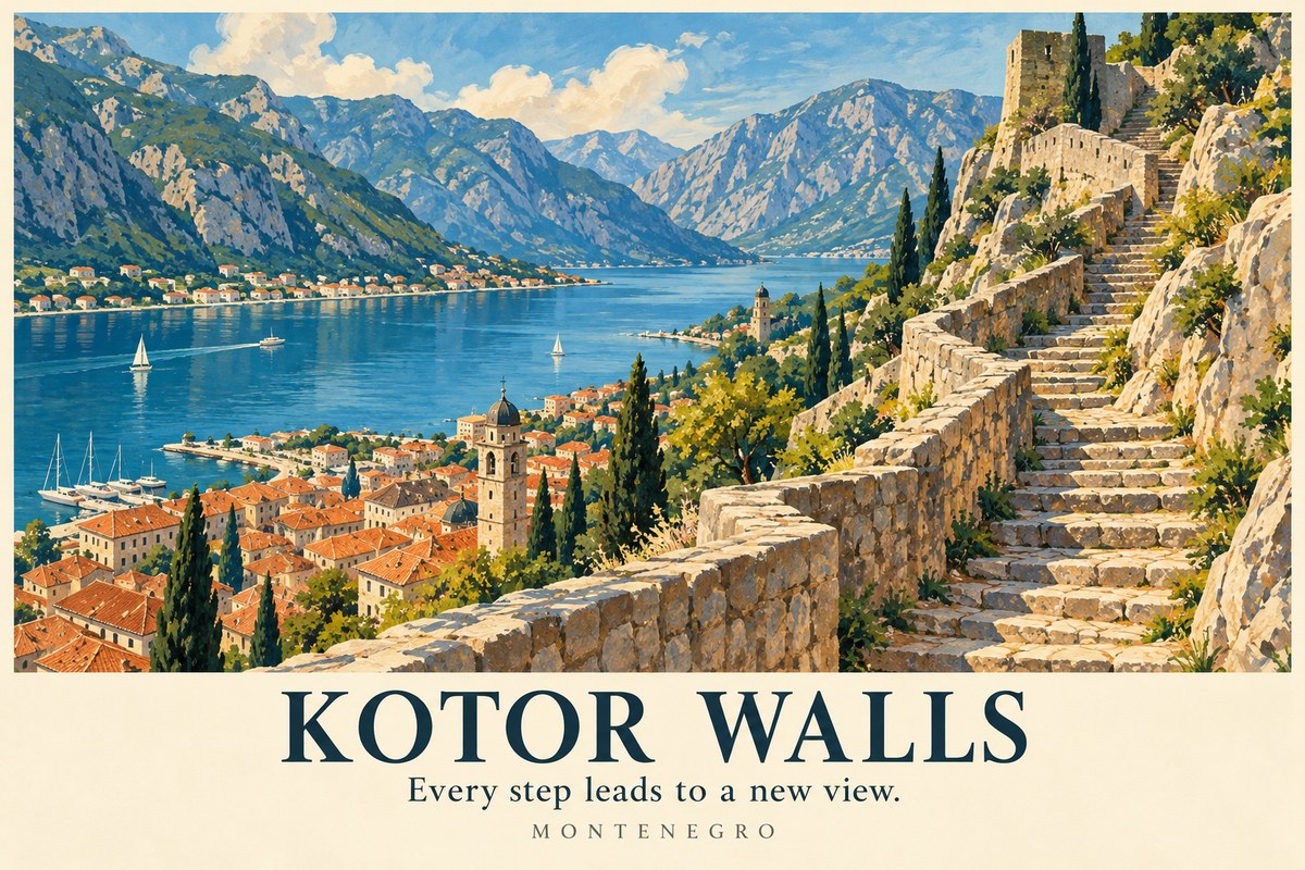 Illustrated Kotor Walls postcard: Every step leads to a new view.