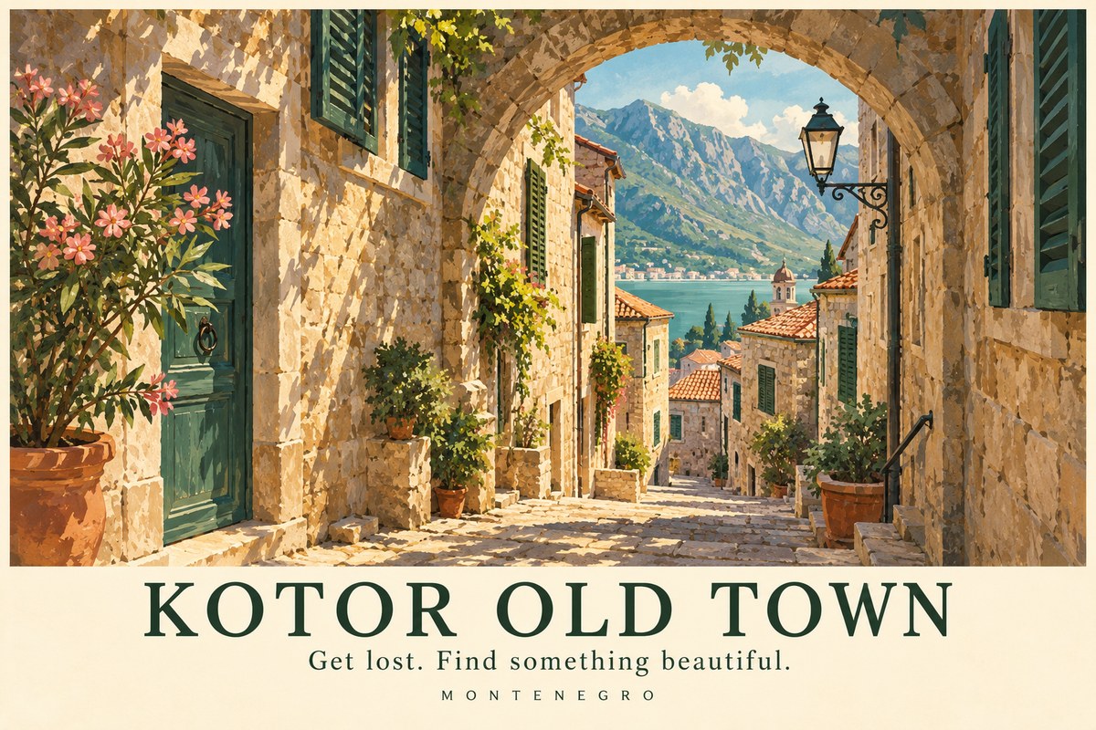 Illustrated Kotor Old Town postcard: Get lost. Find something beautiful.
