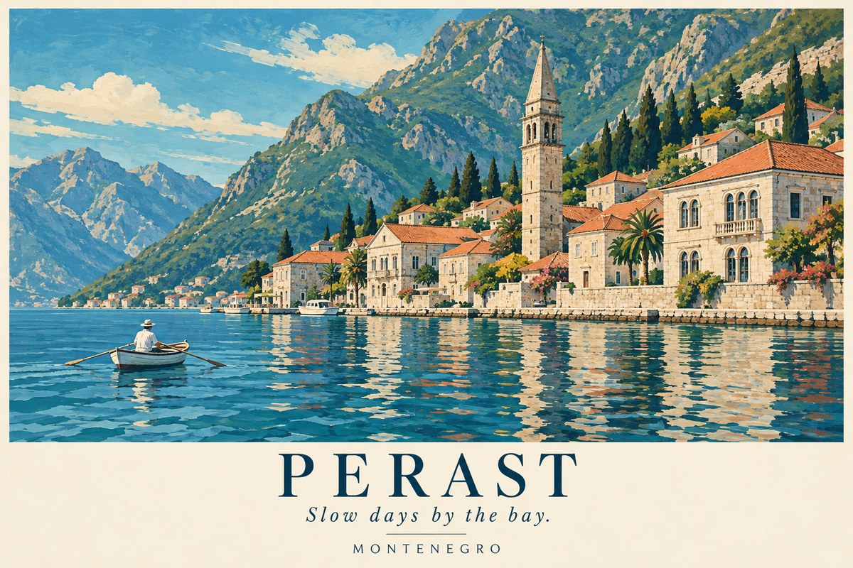 Illustrated Perast postcard: Slow days by the bay.