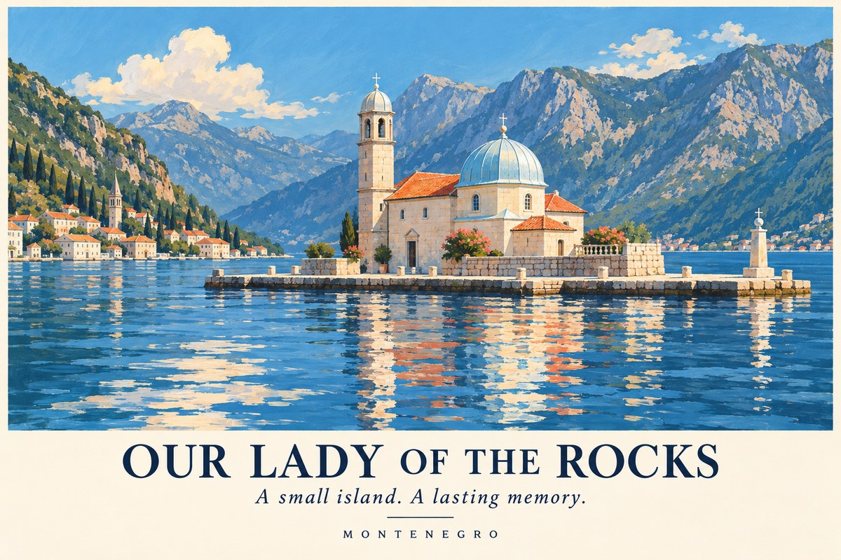 Illustrated Our Lady of the Rocks postcard: A small island. A lasting memory.