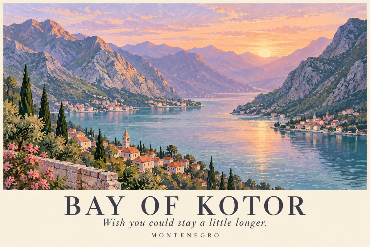 Illustrated Bay of Kotor postcard: Wish you could stay a little longer.