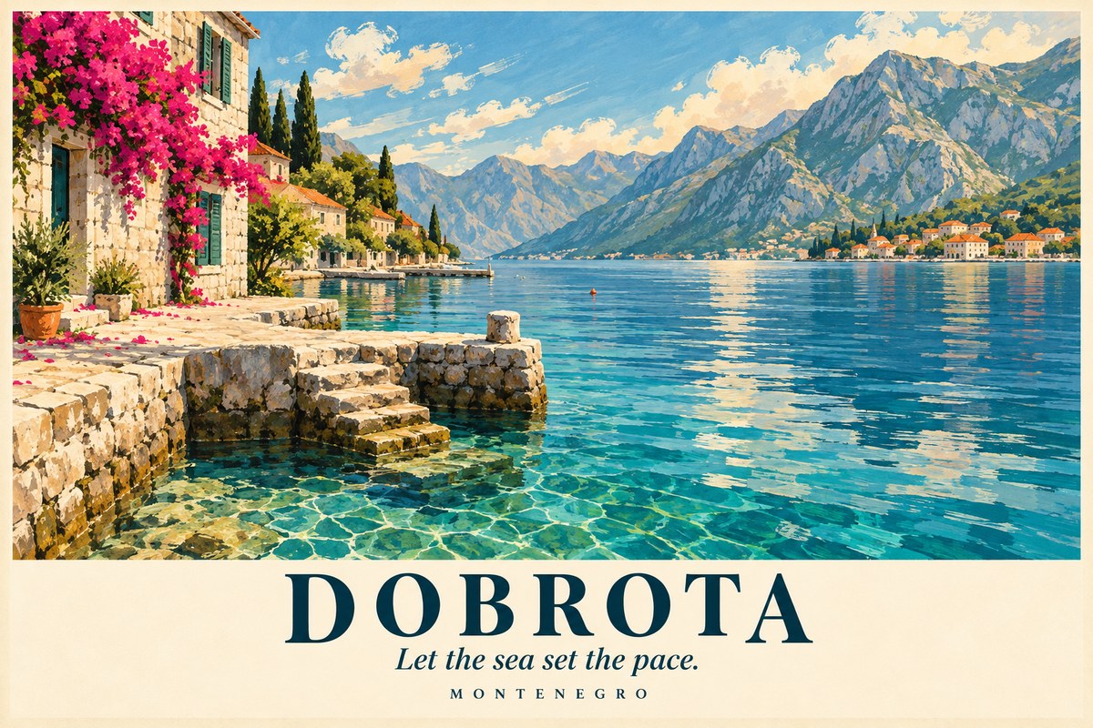 Illustrated Dobrota postcard: Let the sea set the pace.