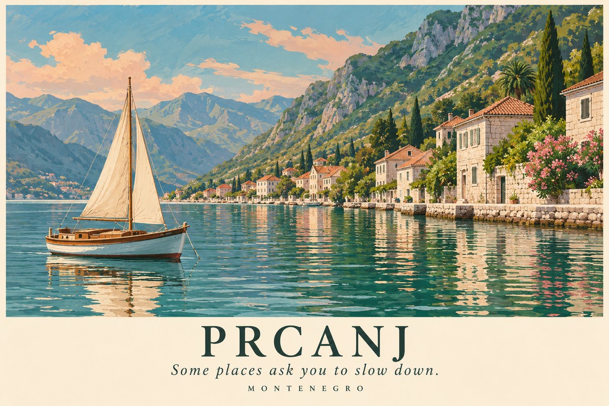 Illustrated Prcanj postcard: Some places ask you to slow down.