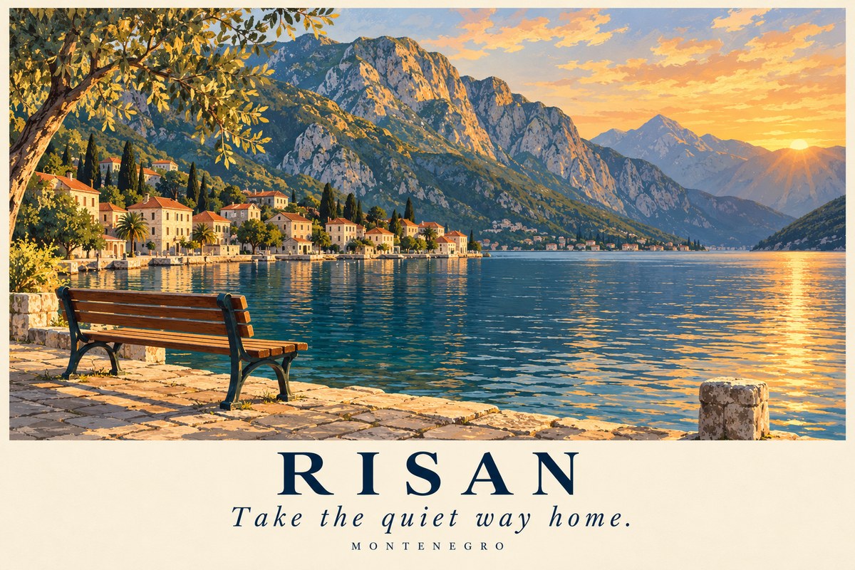 Illustrated Risan postcard: Take the quiet way home.