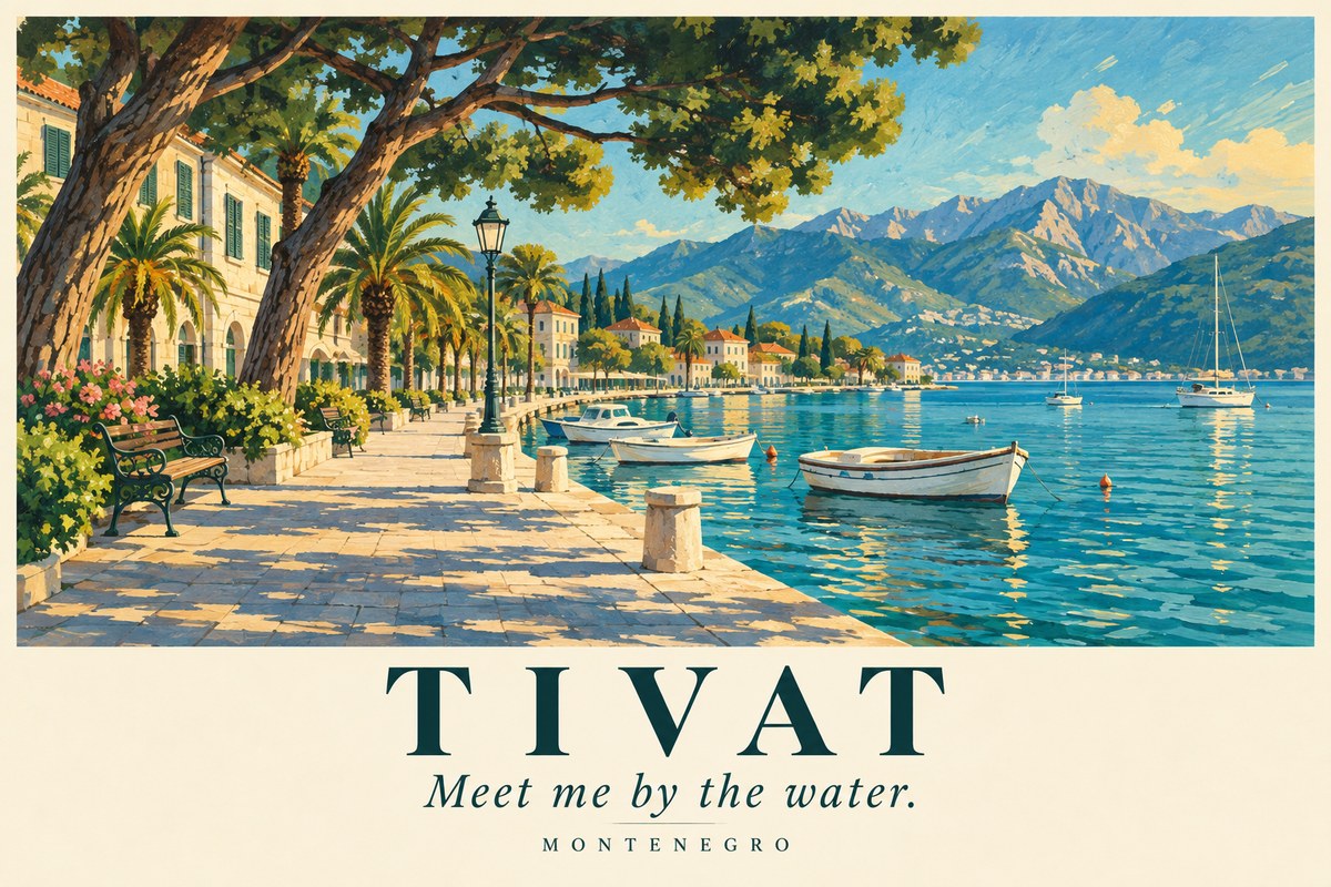 Illustrated Tivat postcard: Meet me by the water.