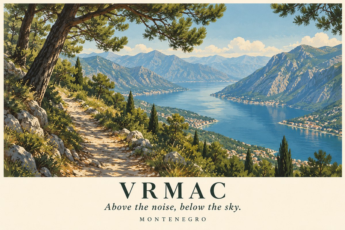 Illustrated Vrmac postcard: Above the noise, below the sky.