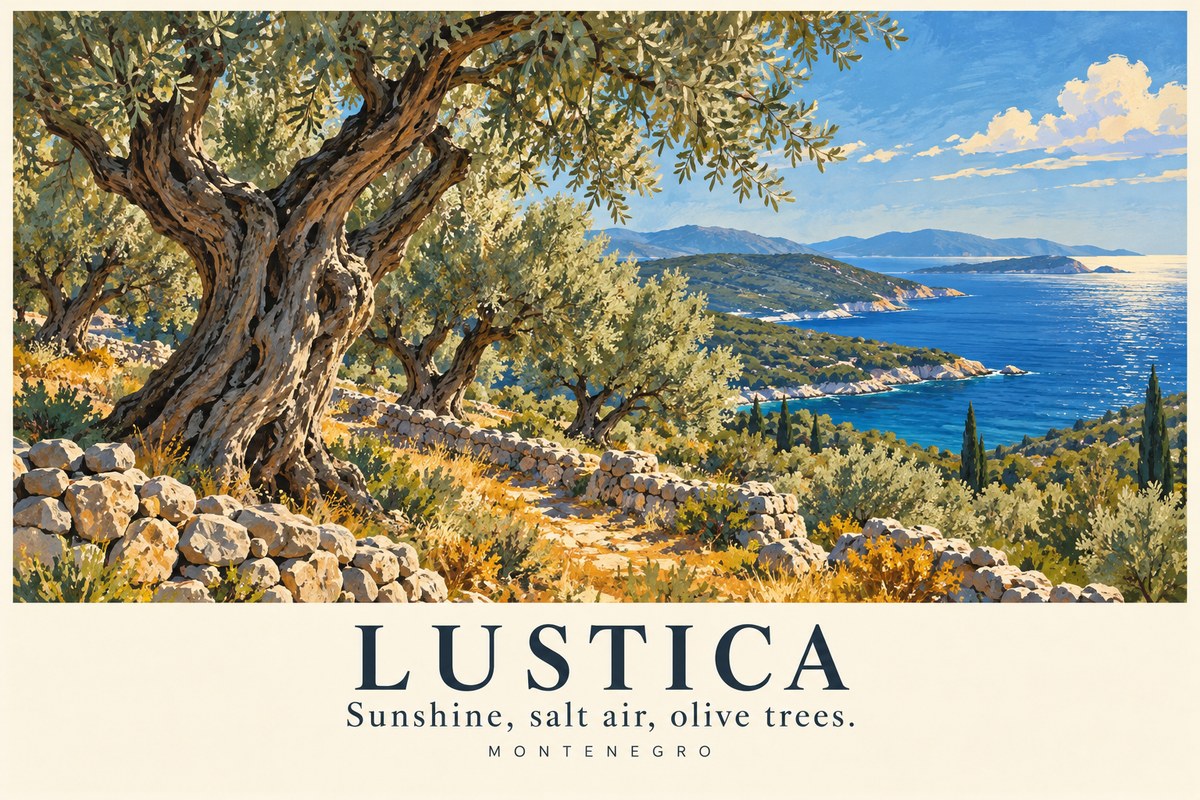 Illustrated Lustica postcard: Sunshine, salt air, olive trees.