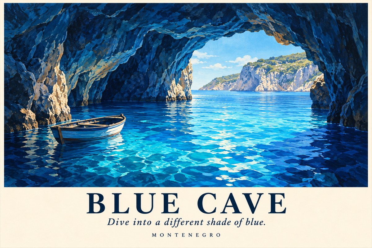 Illustrated Blue Cave postcard: Dive into a different shade of blue.