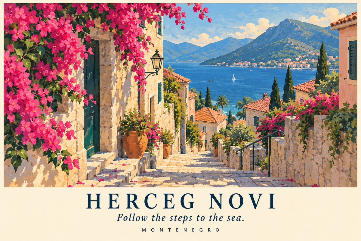 Illustrated Herceg Novi postcard: Follow the steps to the sea.