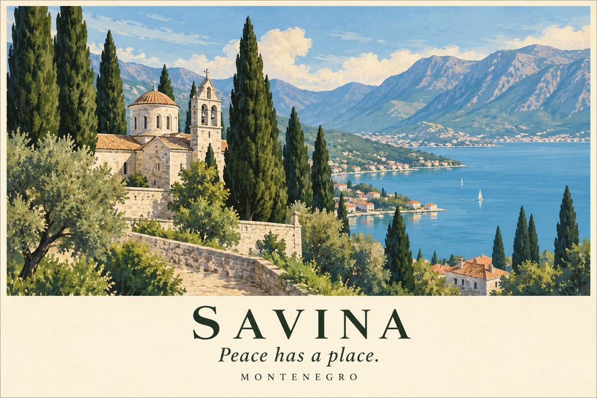 Illustrated Savina postcard: Peace has a place.