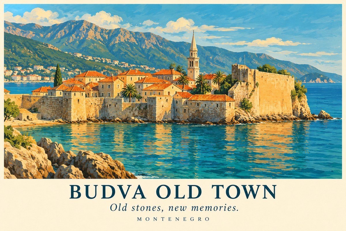 Illustrated Budva Old Town postcard: Old stones, new memories.
