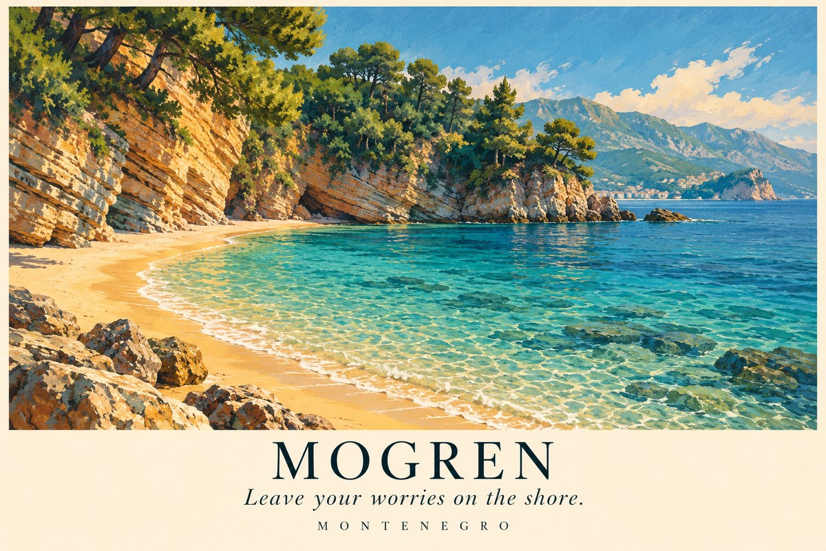 Illustrated Mogren postcard: Leave your worries on the shore.