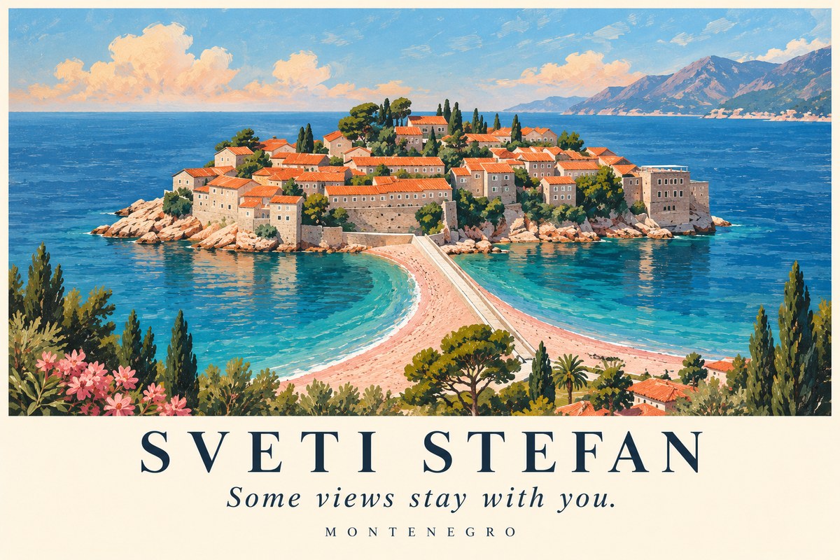 Sveti Stefan illustrated postcard