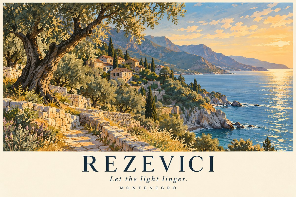 Illustrated Rezevici postcard: Let the light linger.
