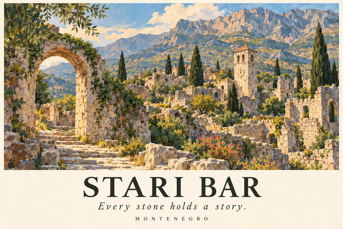 Illustrated Stari Bar postcard: Every stone holds a story.