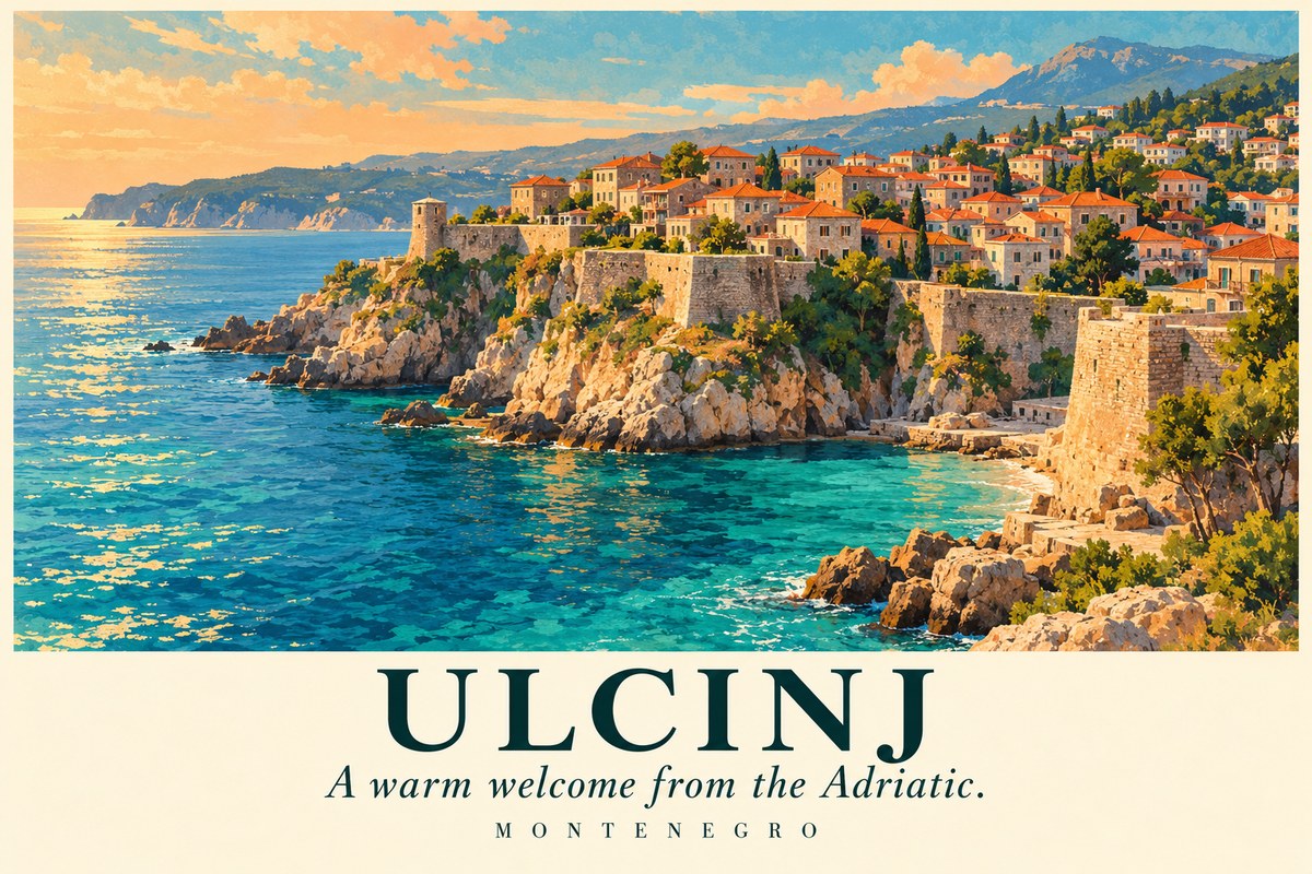 Illustrated Ulcinj postcard: A warm welcome from the Adriatic.