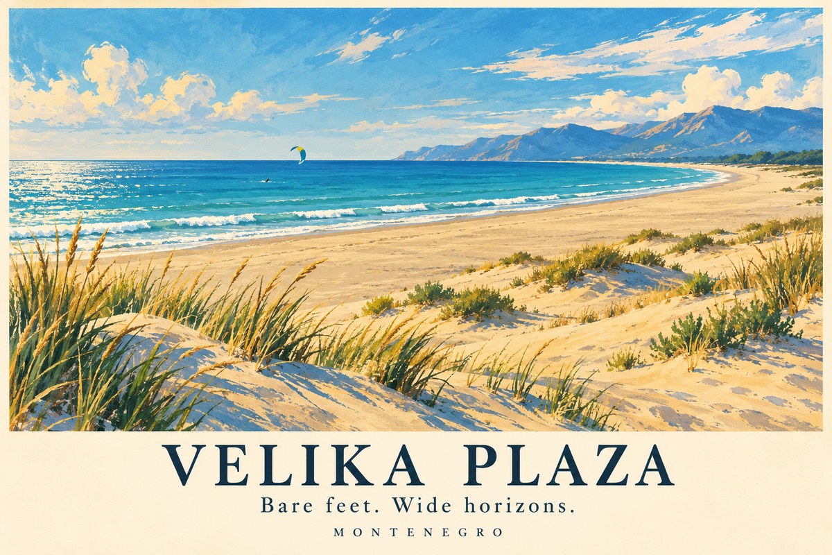 Illustrated Velika Plaza postcard: Bare feet. Wide horizons.