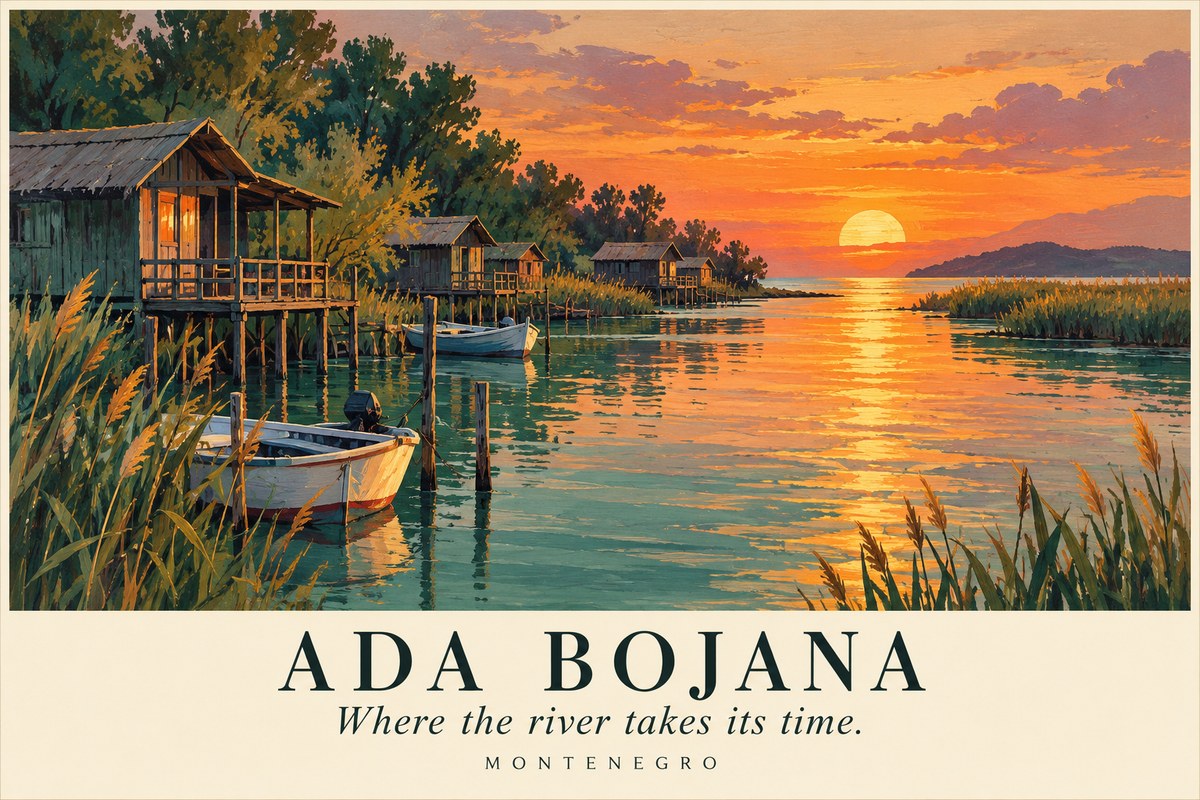 Illustrated Ada Bojana postcard: Where the river takes its time.