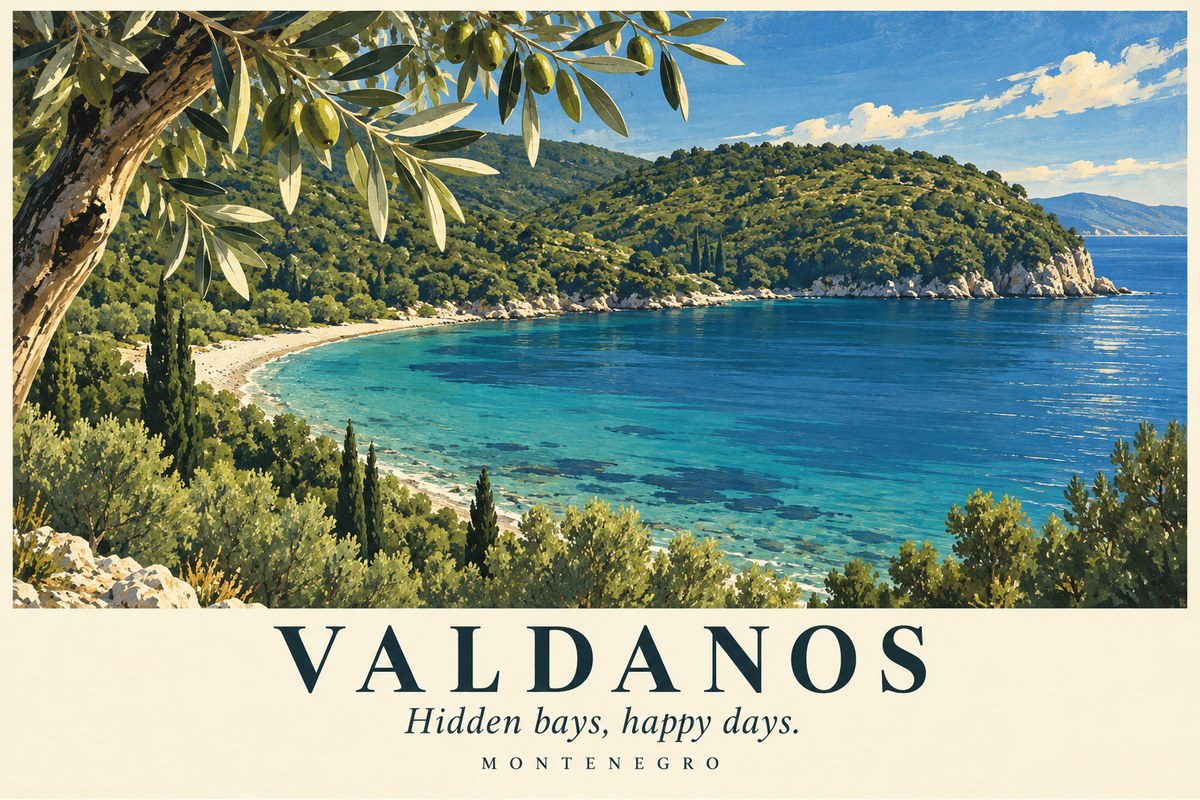 Illustrated Valdanos postcard: Hidden bays, happy days.