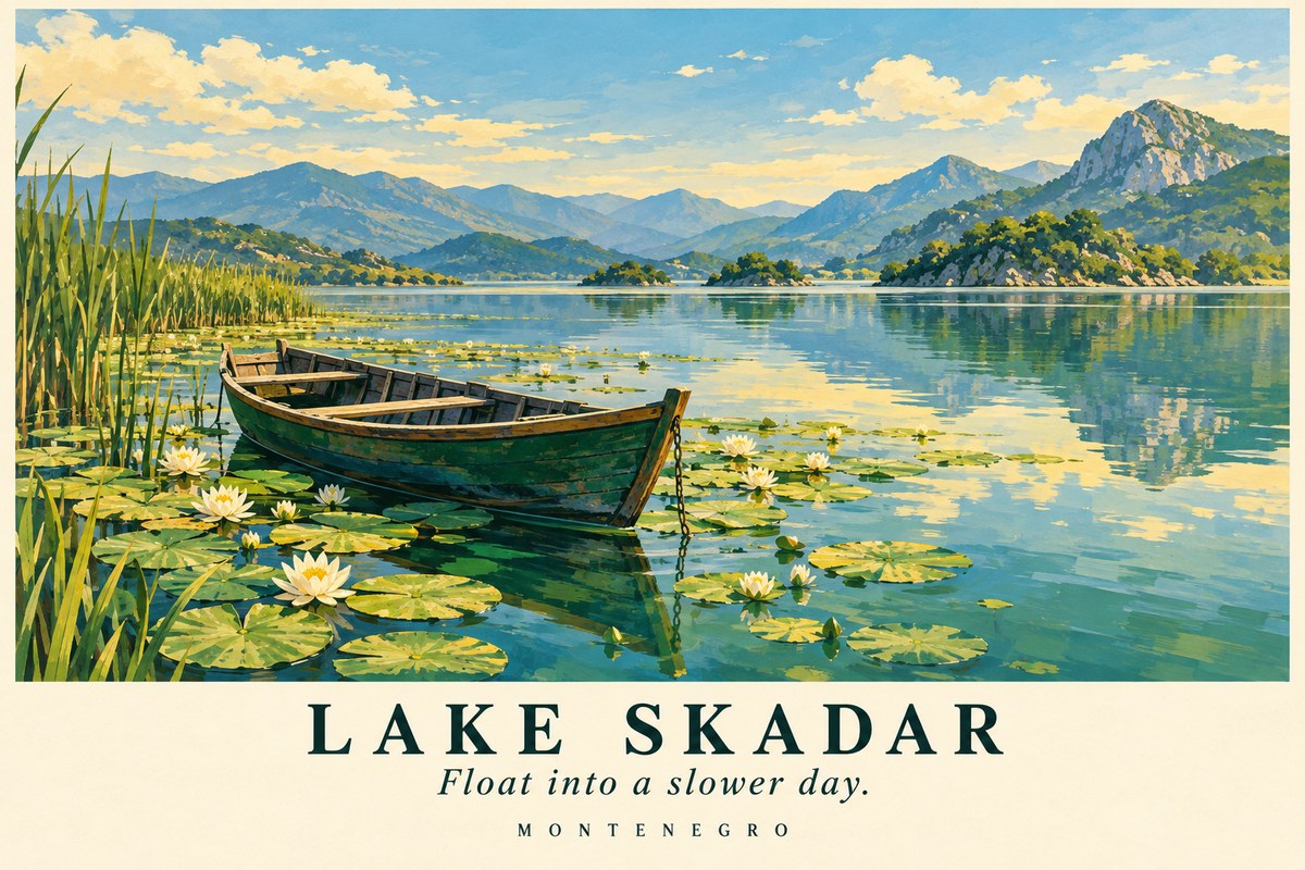 Illustrated Lake Skadar postcard: Float into a slower day.