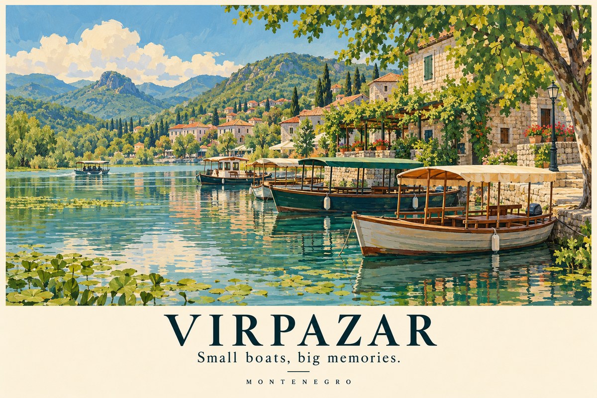 Illustrated Virpazar postcard: Small boats, big memories.