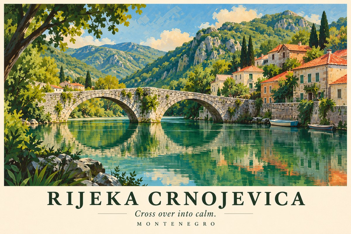 Illustrated Rijeka Crnojevica postcard: Cross over into calm.