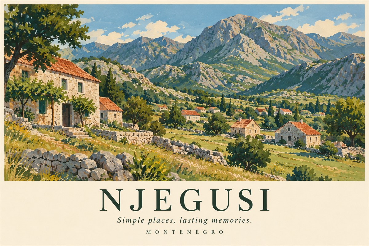 Illustrated Njegusi postcard: Simple places, lasting memories.