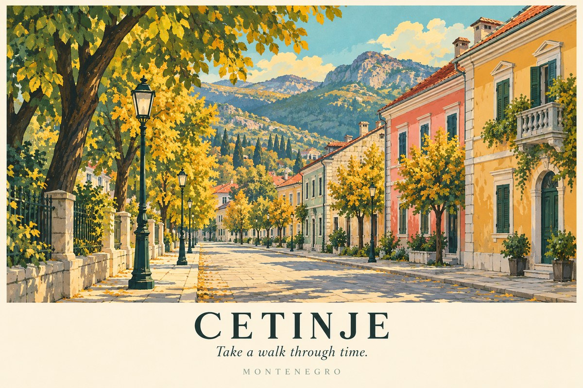 Illustrated Cetinje postcard: Take a walk through time.