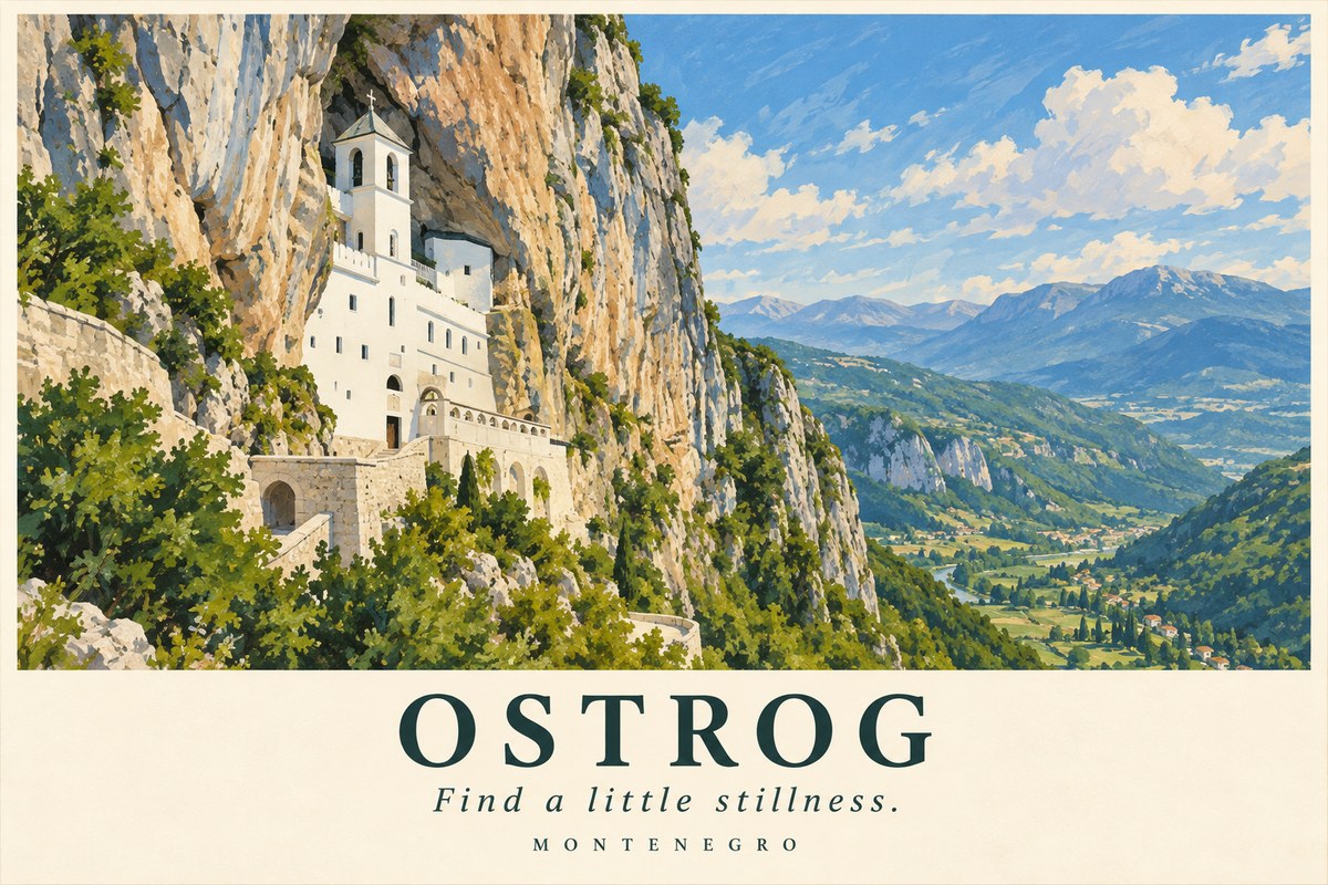 Illustrated Ostrog postcard: Find a little stillness.