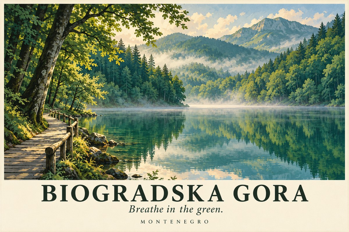 Illustrated Biogradska Gora postcard: Breathe in the green.