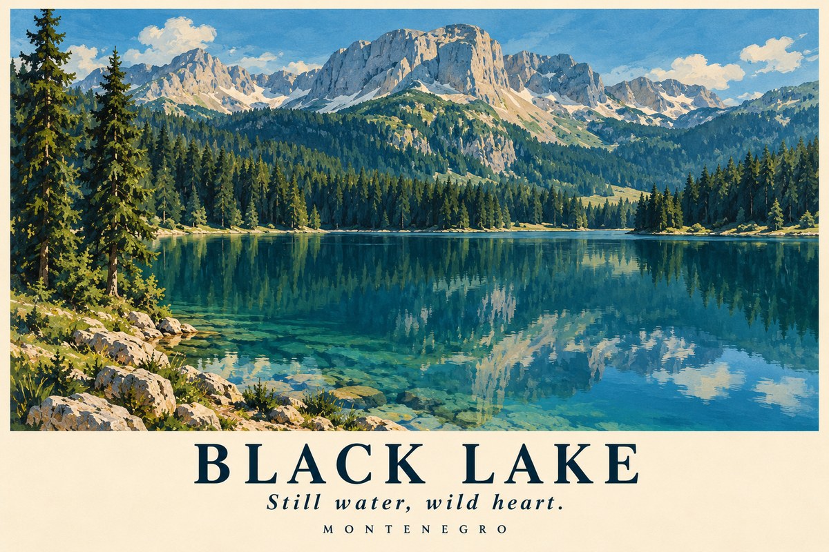 Illustrated Black Lake postcard: Still water, wild heart.