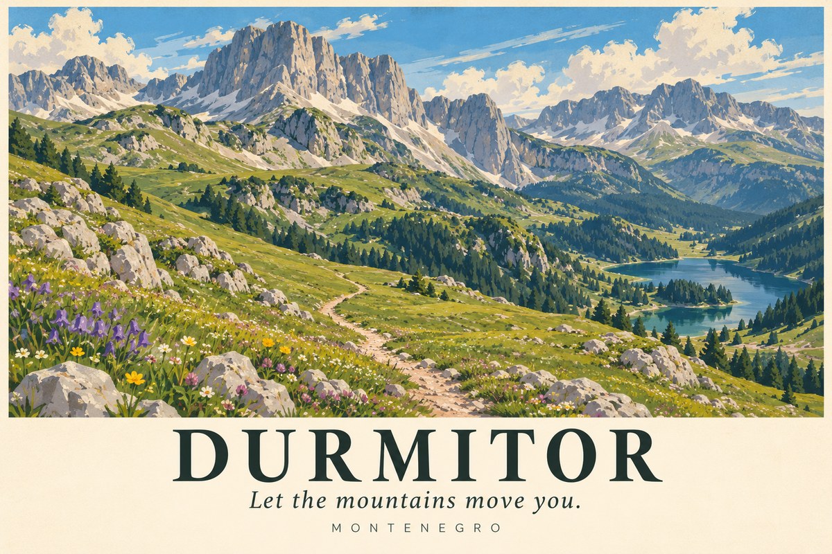 Illustrated Durmitor postcard: Let the mountains move you.