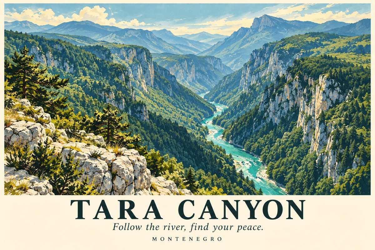 Illustrated Tara Canyon postcard: Follow the river, find your peace.