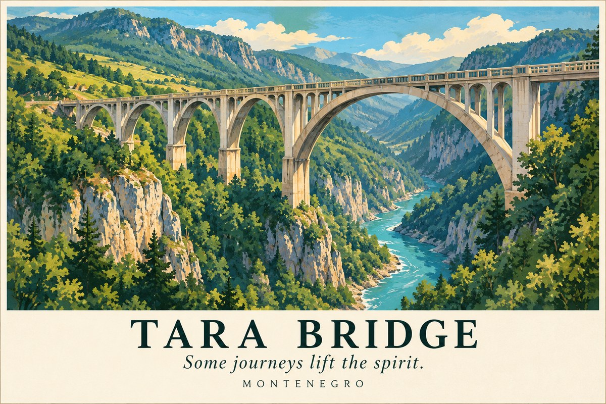 Illustrated Tara Bridge postcard: Some journeys lift the spirit.