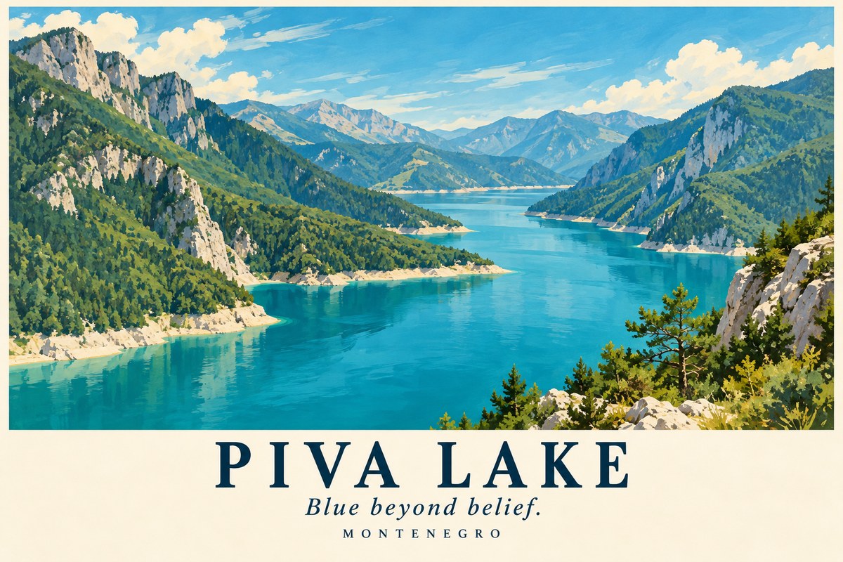 Illustrated Piva Lake postcard: Blue beyond belief.