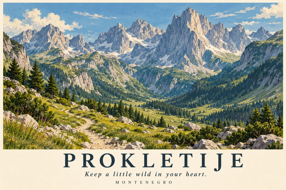 Illustrated Prokletije postcard: Keep a little wild in your heart.
