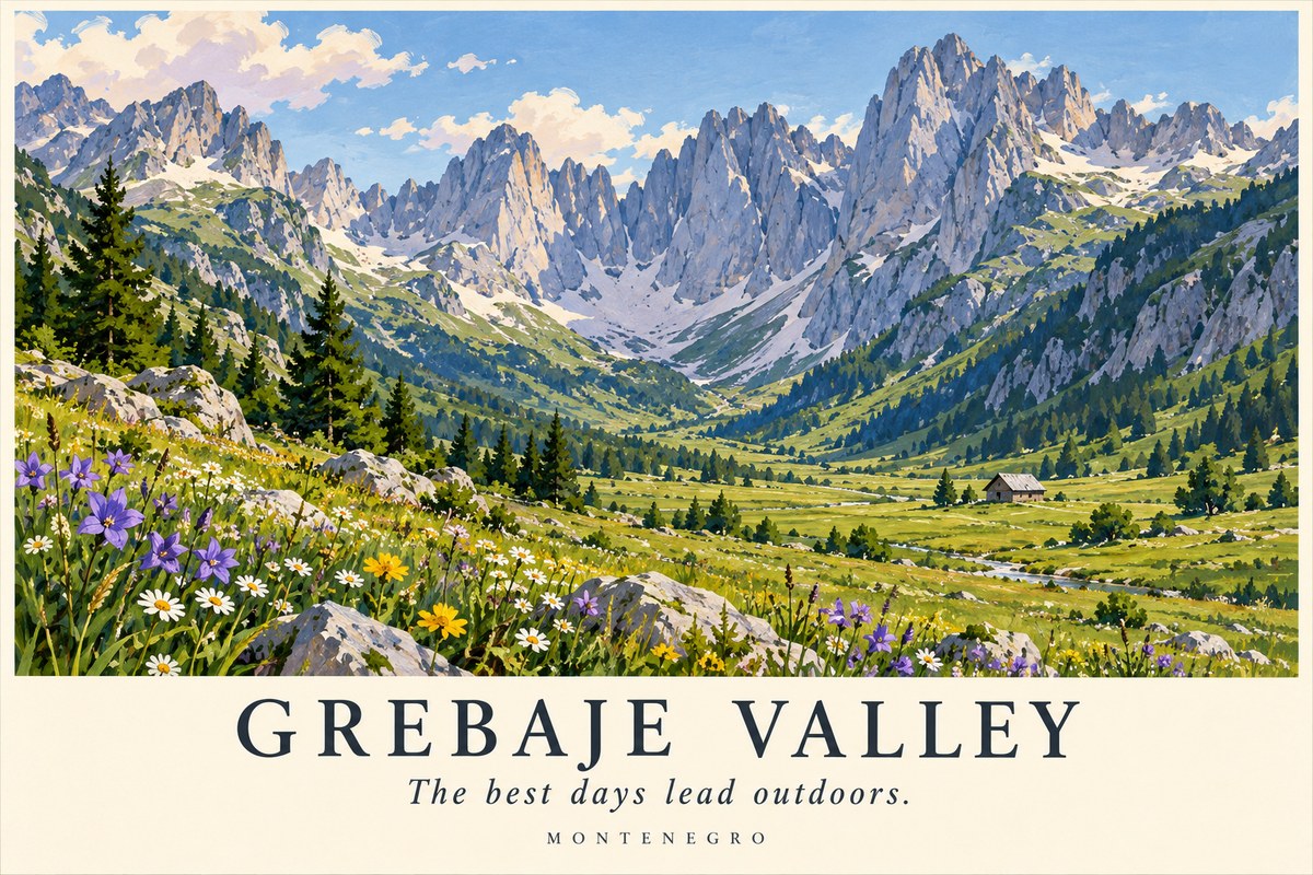 Illustrated Grebaje Valley postcard: The best days lead outdoors.