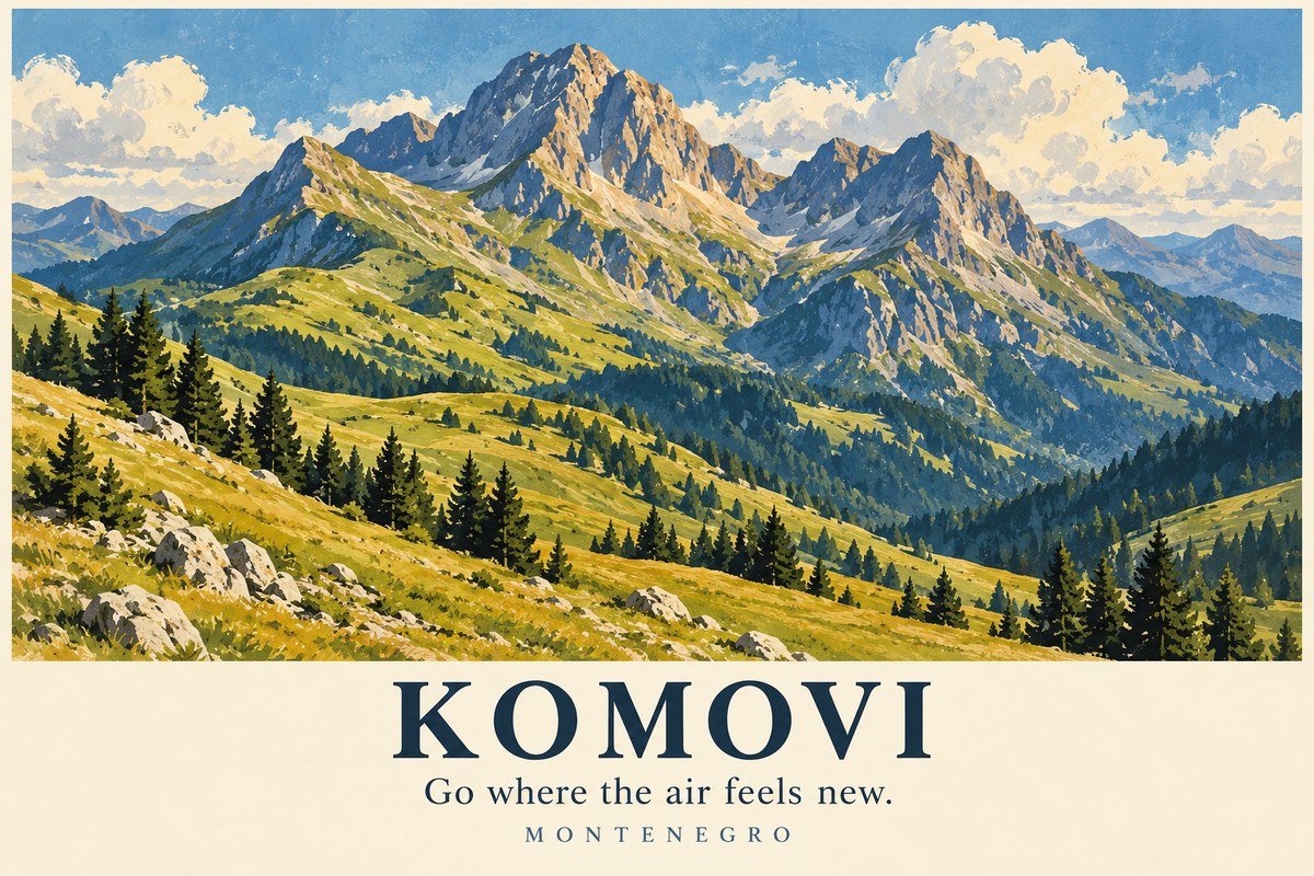 Illustrated Komovi postcard: Go where the air feels new.