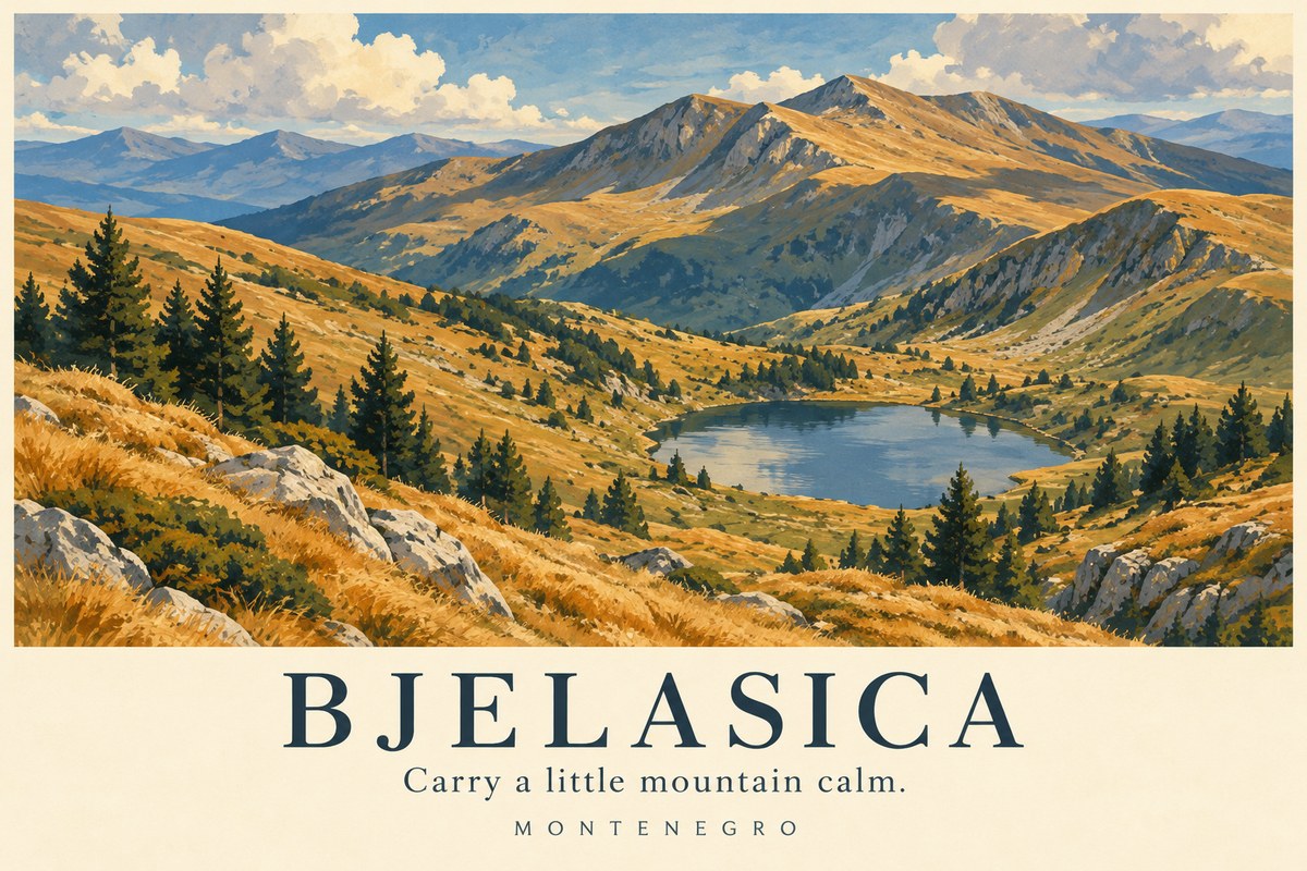 Illustrated Bjelasica postcard: Carry a little mountain calm.